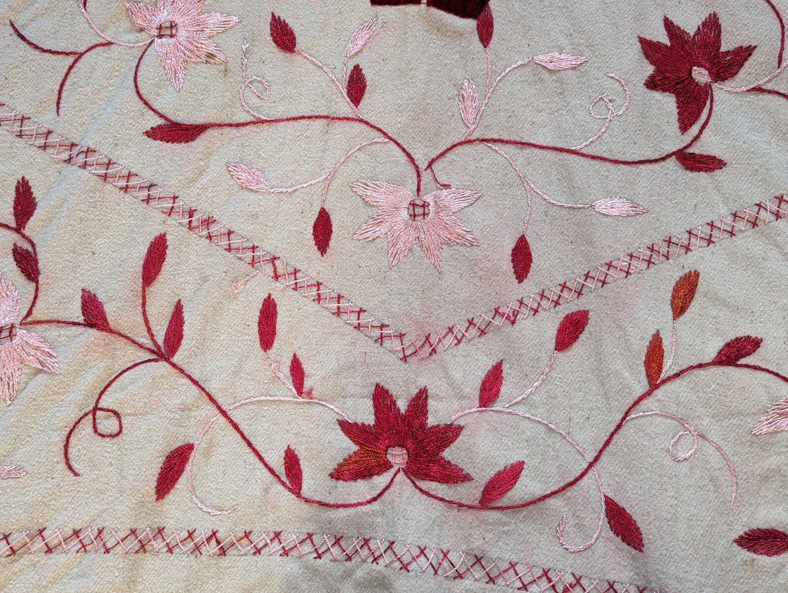 VTG Boho Chic Hippie Unbleached Wool Red Velvet Embroidered Fringe Poncho OOAK