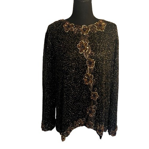 Vintage Candlelight by Jainsons Black 100% Silk Beaded Sequin Top L 1980s Glam