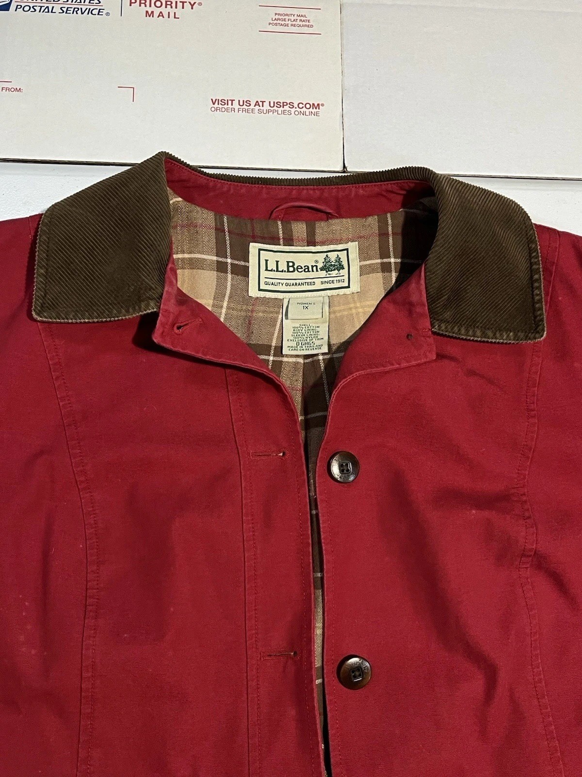 vtg LL Bean Womens XL 1X Red Chore Coat Barn Field Jacket Plaid Lined Corduroy