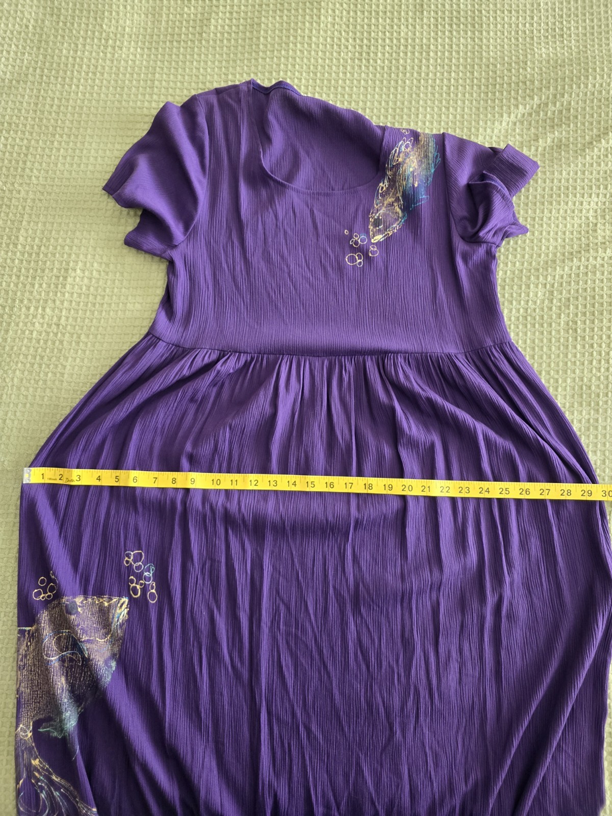 Vintage 80s 90s Purple Rayon Dress Hand Painted Fish Womens Large XL Whimsical