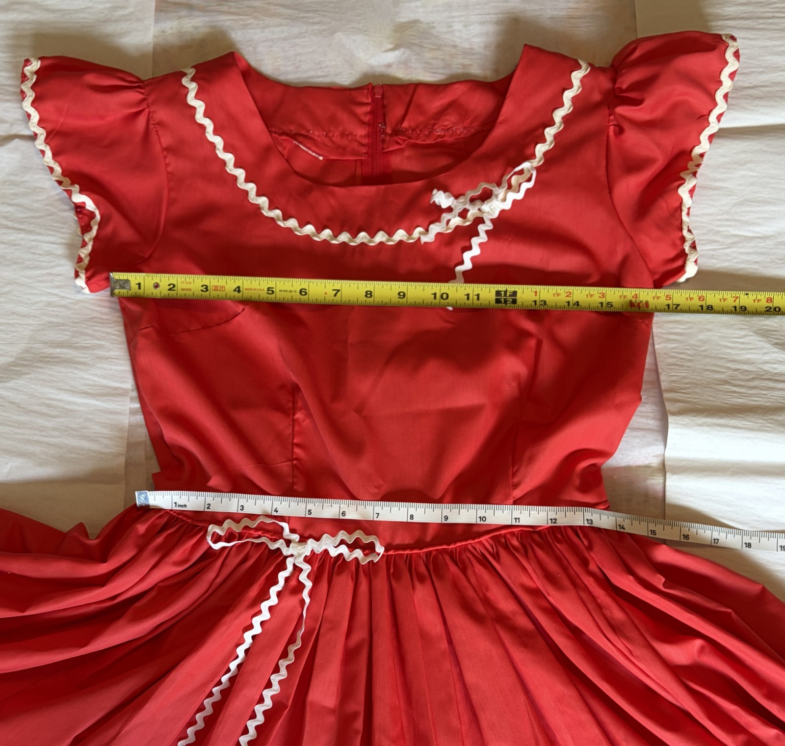 Vintage Red Square Dance Dress in Red with White Rick-rack Trim Size M