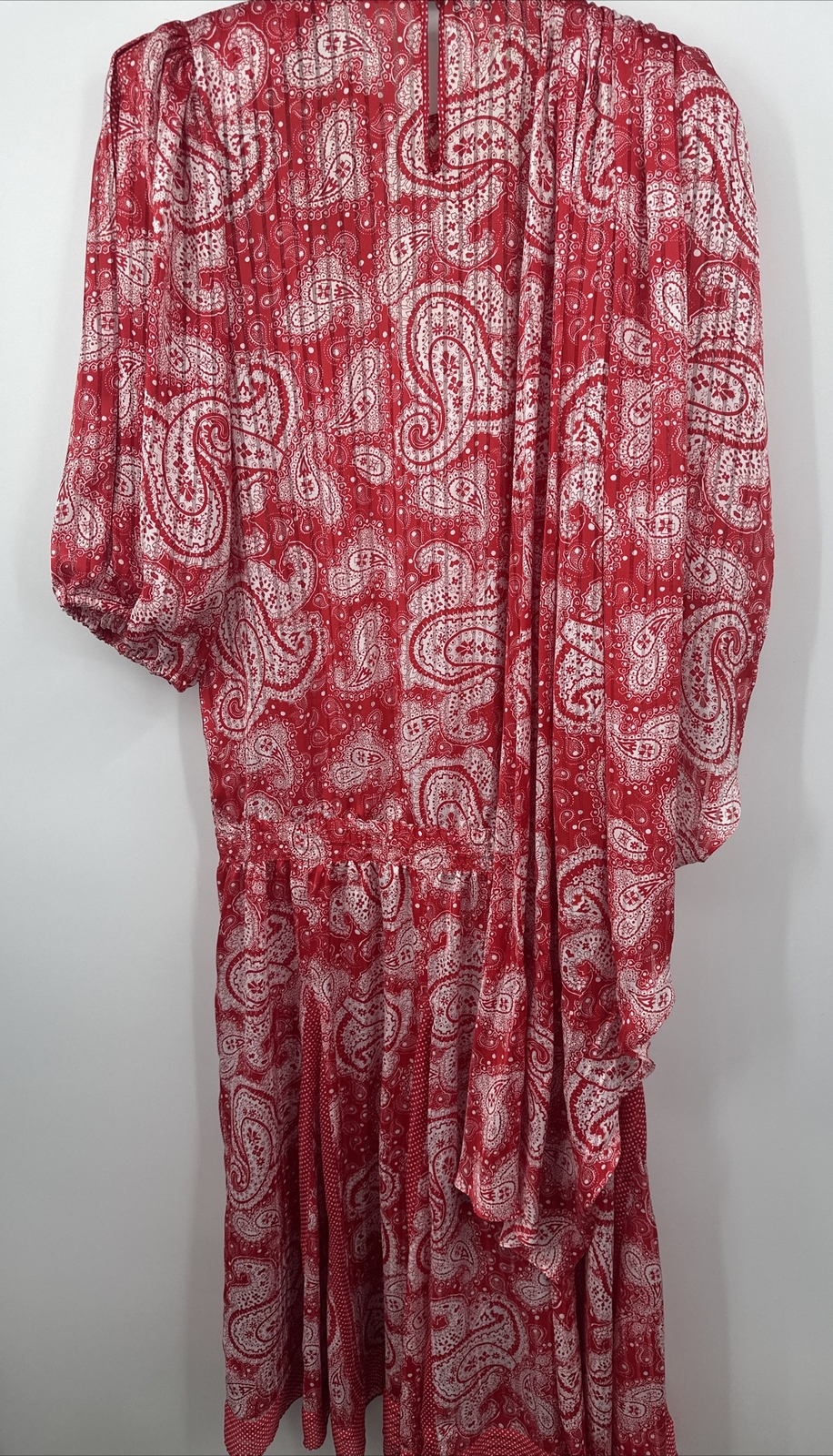 Diane Freis Georgette Red Paisley Polka Dot Dress With Shoulder Drape Cascade