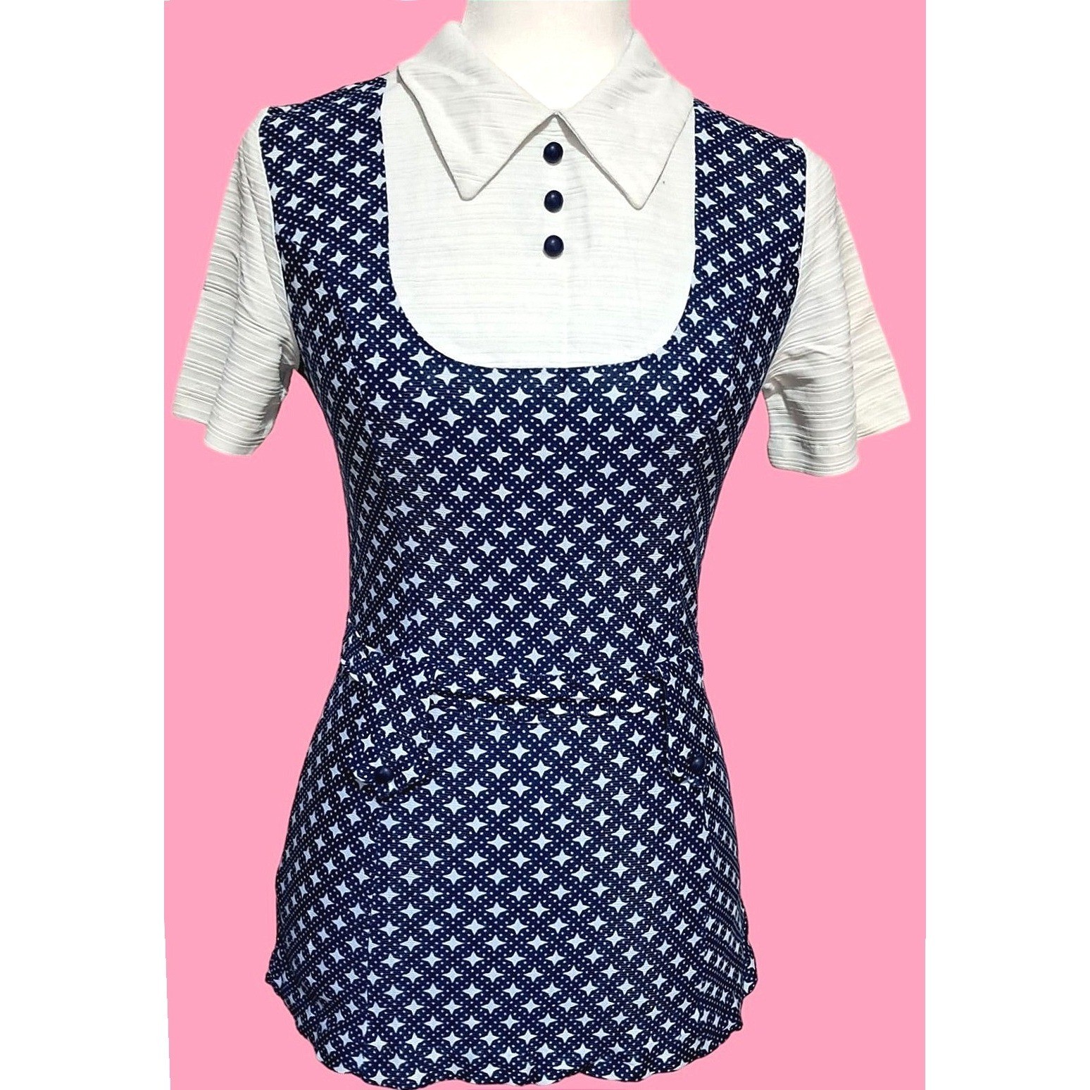 Retro Vintage 70s Geometric Star Tunic Pant Set Womens Small Navy White Mod