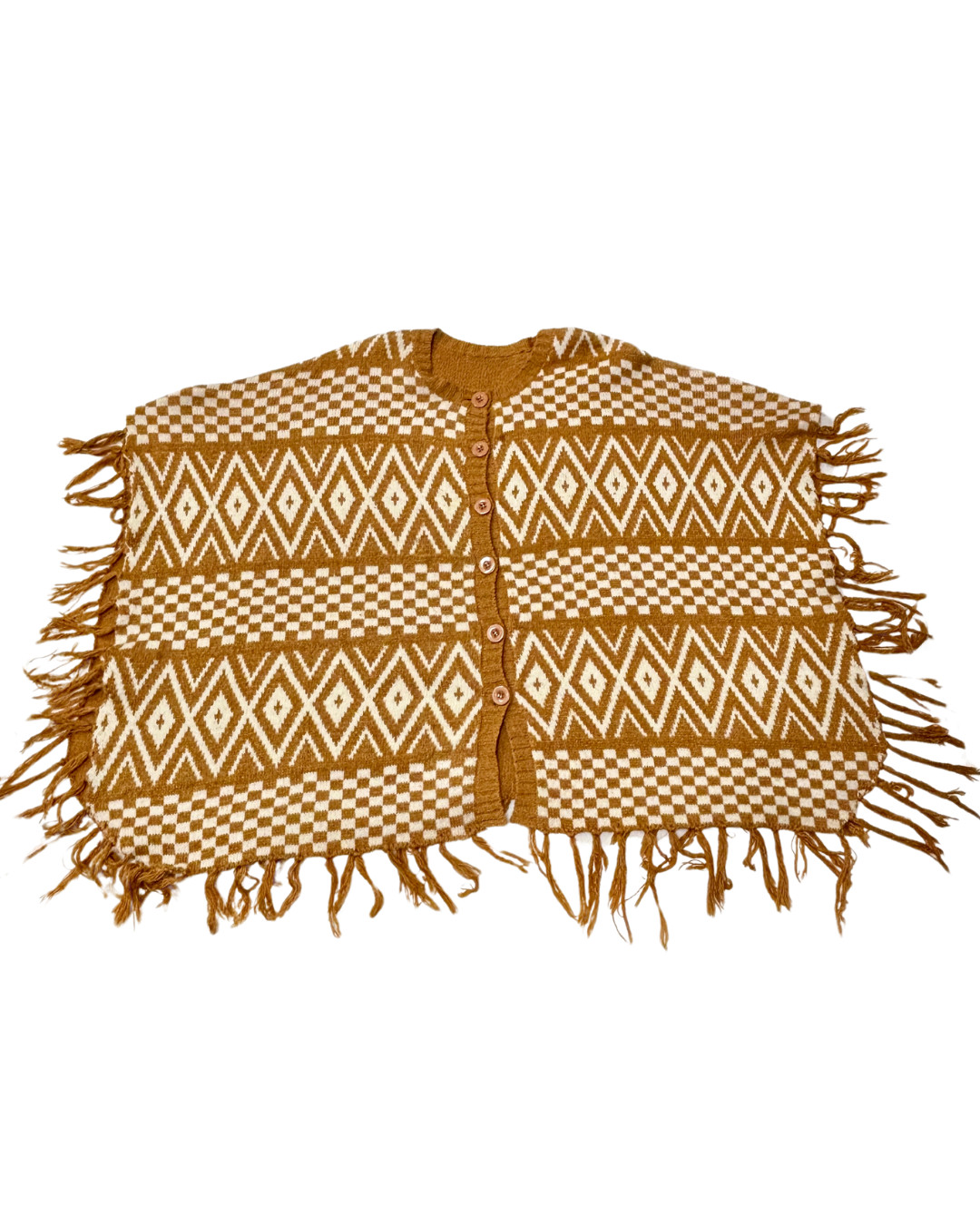 1970s CAMEL CHECKERED & CHEVRON FRINGE PONCHO | WOMEN’S CAPPUCCINO PONCHO
