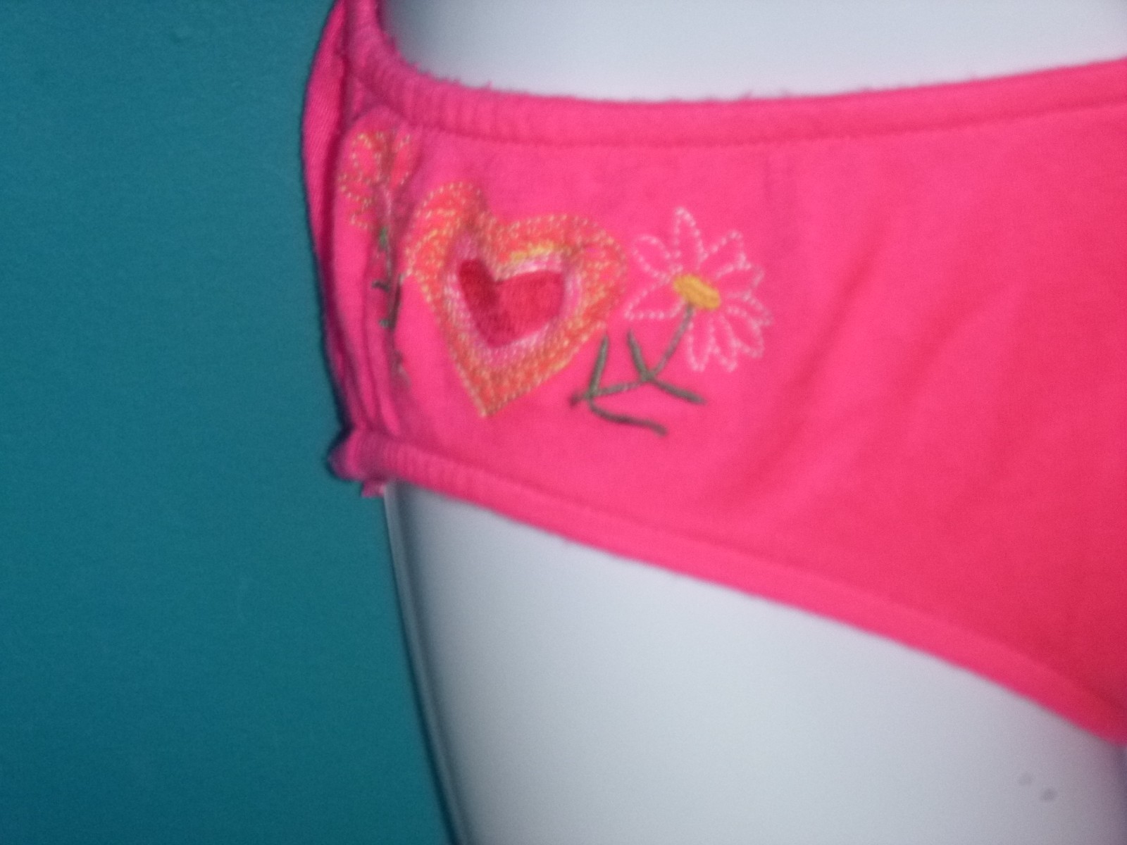 Vtg 70s Sears Jr Bazaar Hot Pink Knit Bikini Embroidered Flowers Heart Sz S
