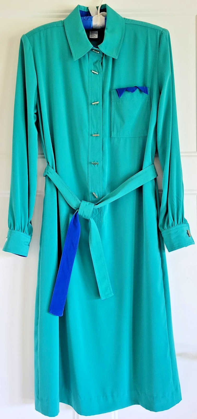 Vtg SCHRADER Shirt DRESS Sz 8 Emerald Green Long Sleeve Pockets Belt Half Button