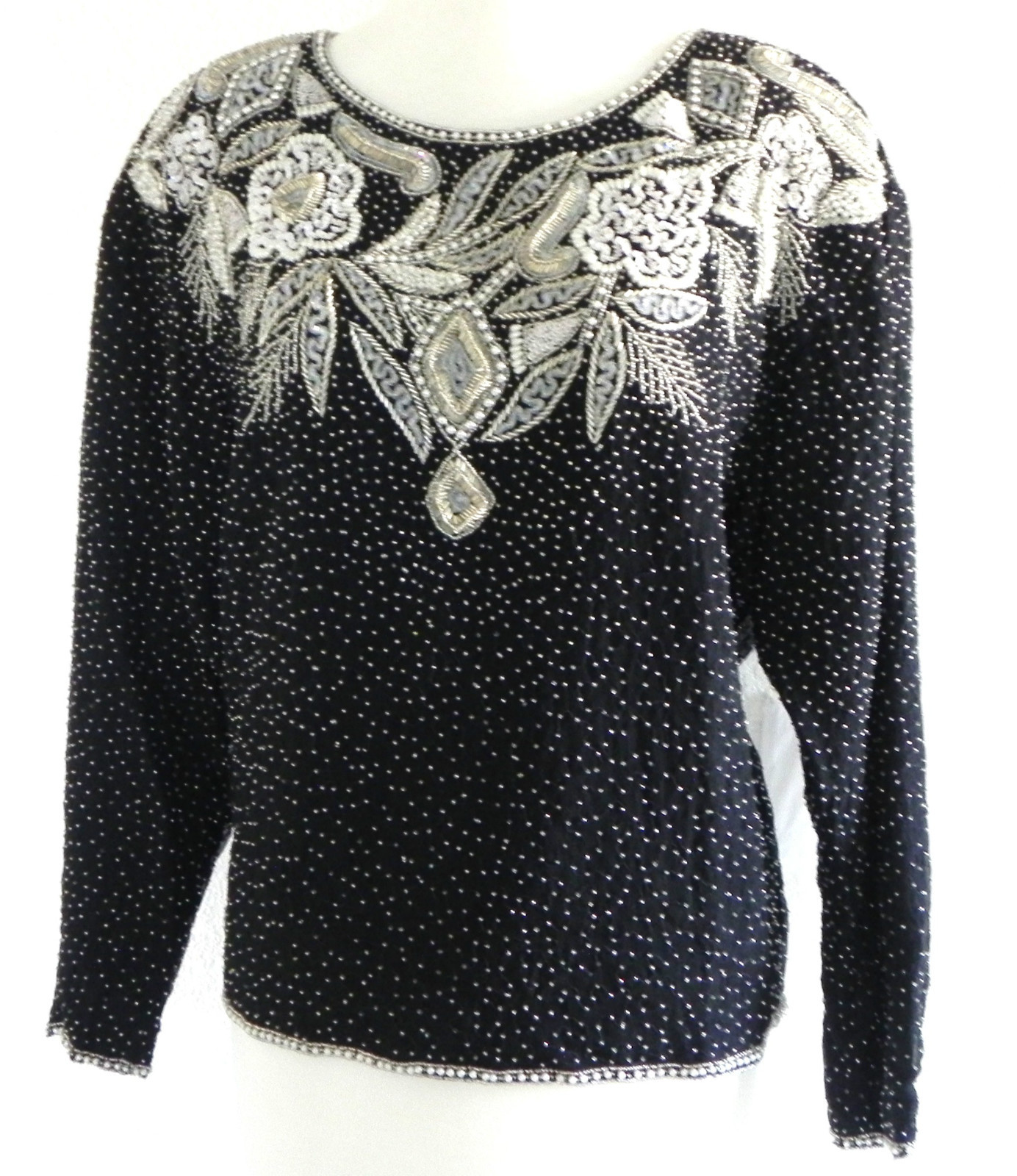 Vtg Together Top Silk Bead/Sequin Trim Padded Shoulder/Long Sleeve Lined Size M