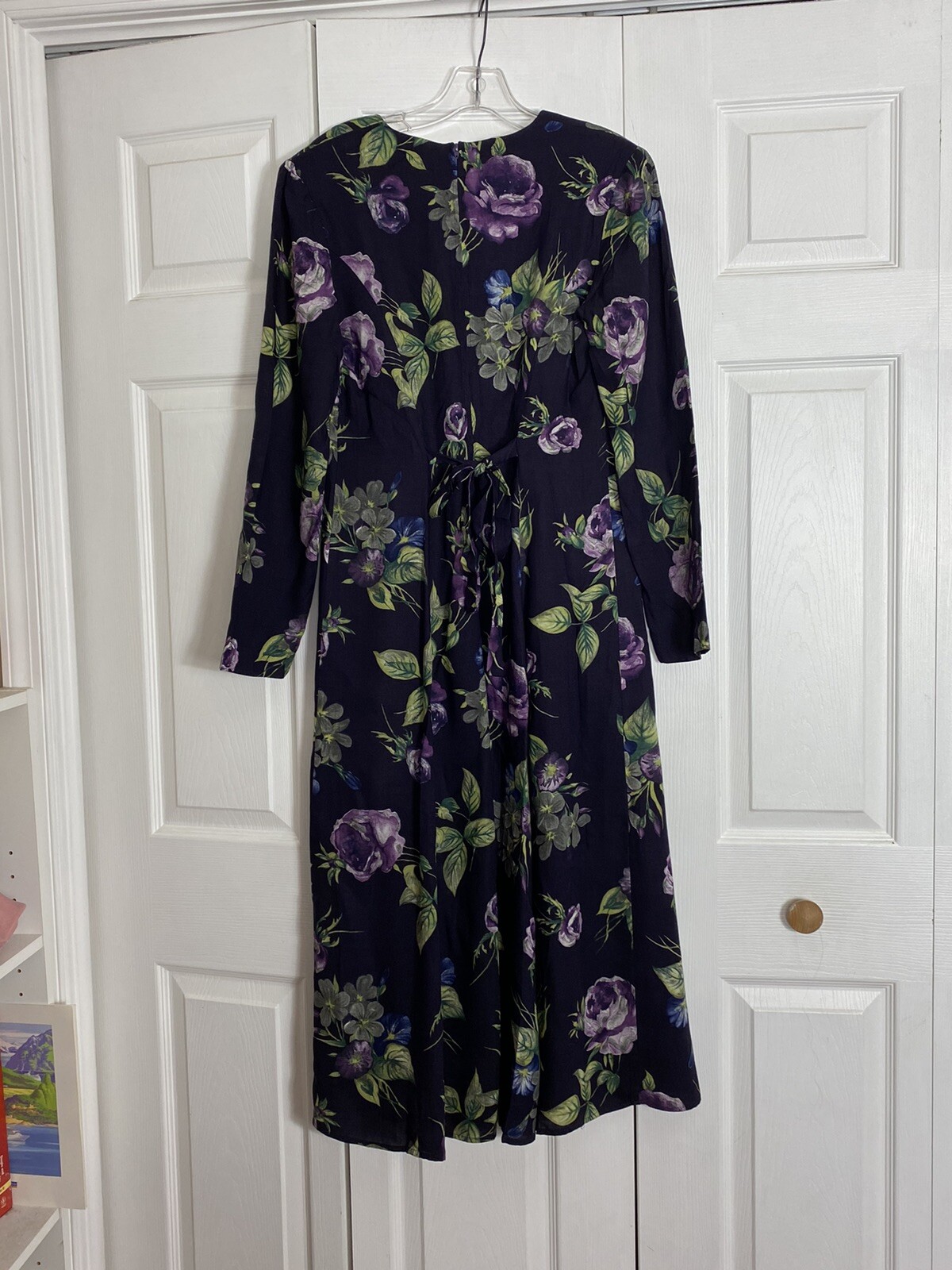 Vintage Jeffery & Dara Linda Hutley Dress Size 10 Purple Floral Modest LS Midi