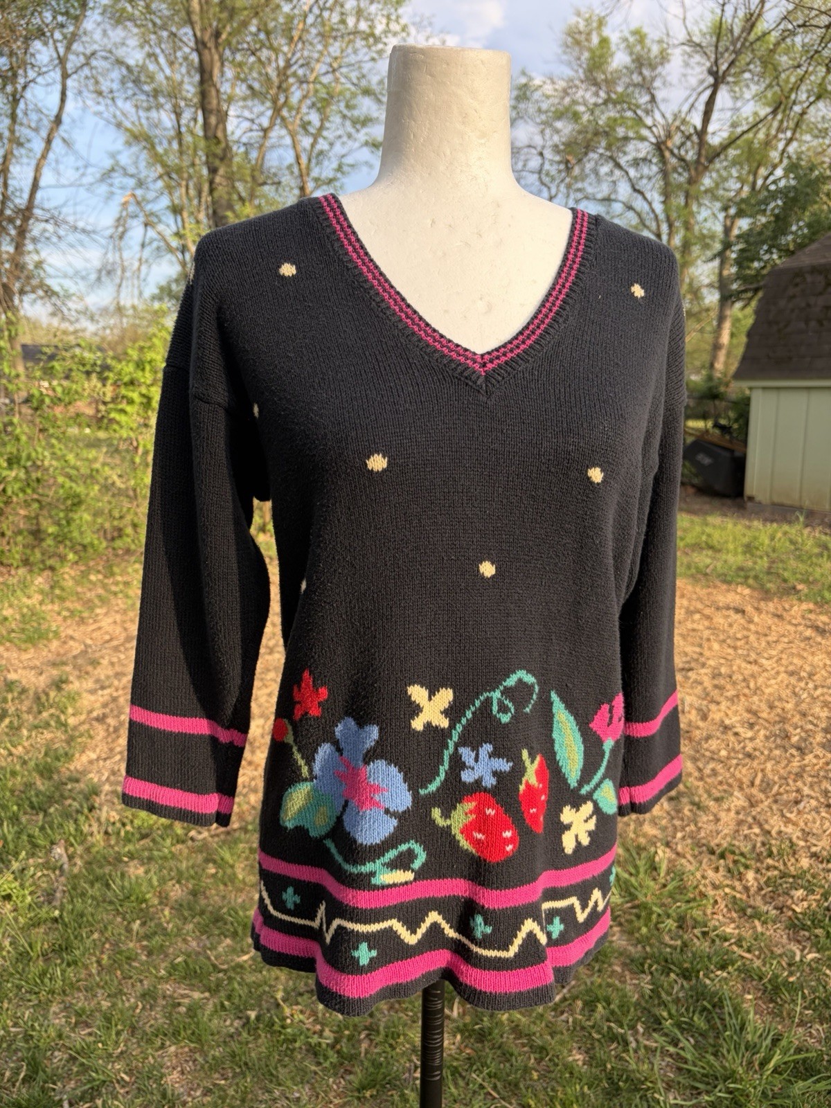 Vtg 80’s Beldoch Popper Knit Sweater 3/4 Sleeve Cottagecore Strawberry Medium