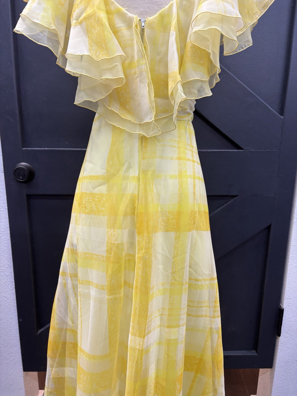 1970s Yellow Plaid Ruffled Floral Party Maxi Dress Gown Summer Spring ILGWU VTG