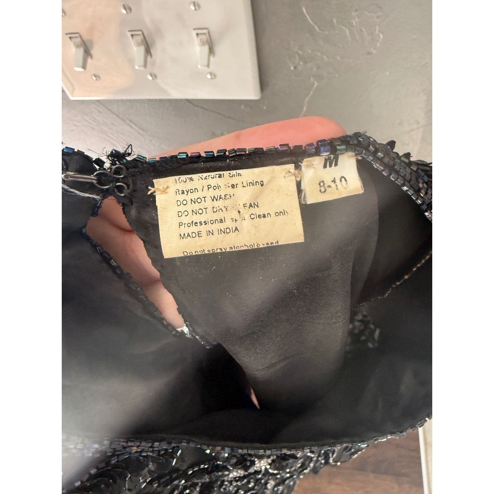 Sweelo Vintage Black Silk Beaded Sequin Floral Evening Top Short Sleeve Medium