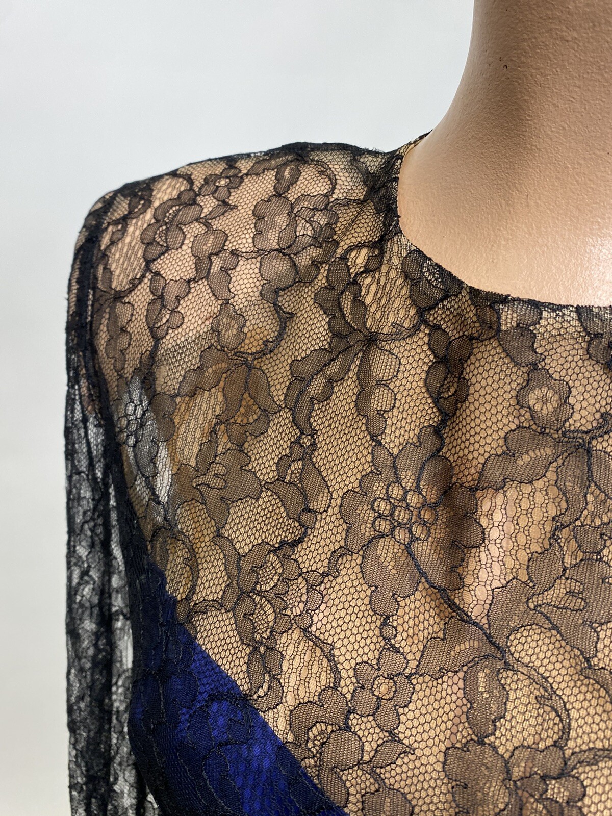 Antique Vintage 1940s Black & Blue Silk Chiffon Lace Bias Cut Full Length Gown