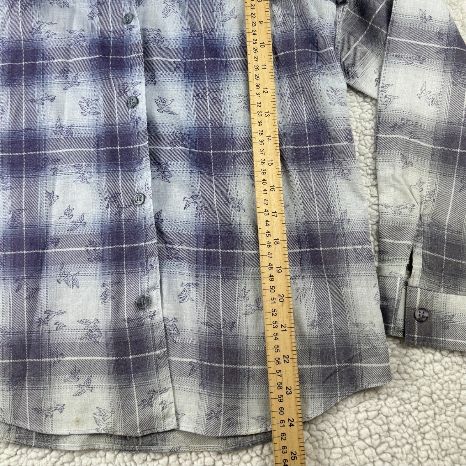 Vintage White Stag Plaid Bird Print Button Down Shirt Blue Grey USA Made Large