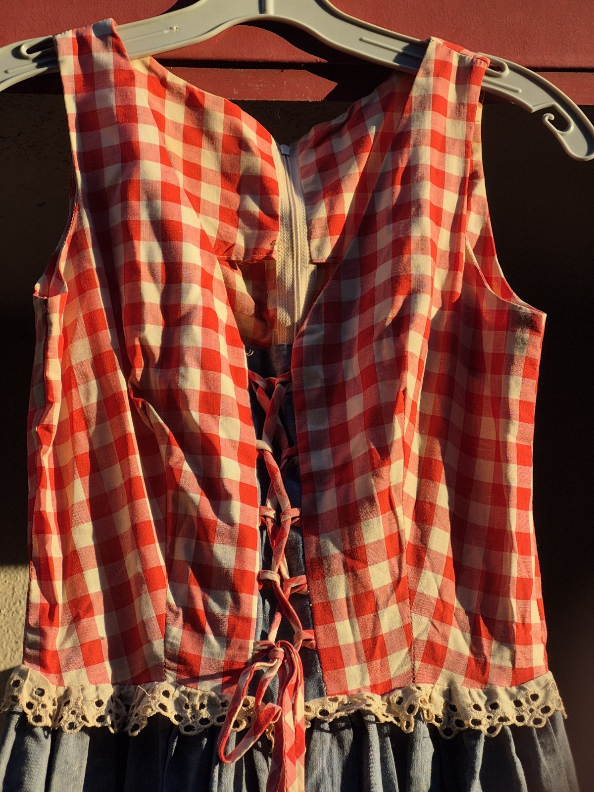 Vtg 50s Joy Stevens California Gingham Corset Ruffle Rockabilly Sleeveless Maxi