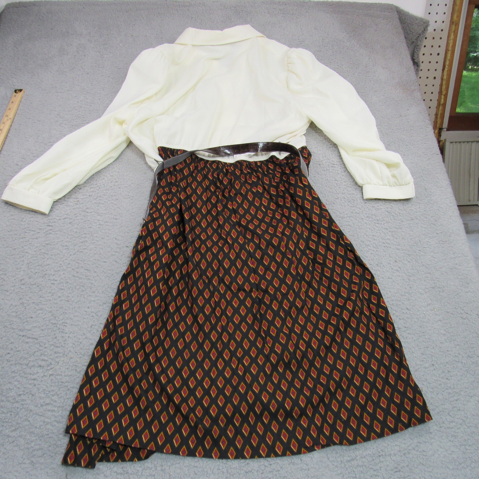 Leslie Fay Vintage Womens Petites Midi Dress Cream Diamond Print Belted Size 20P