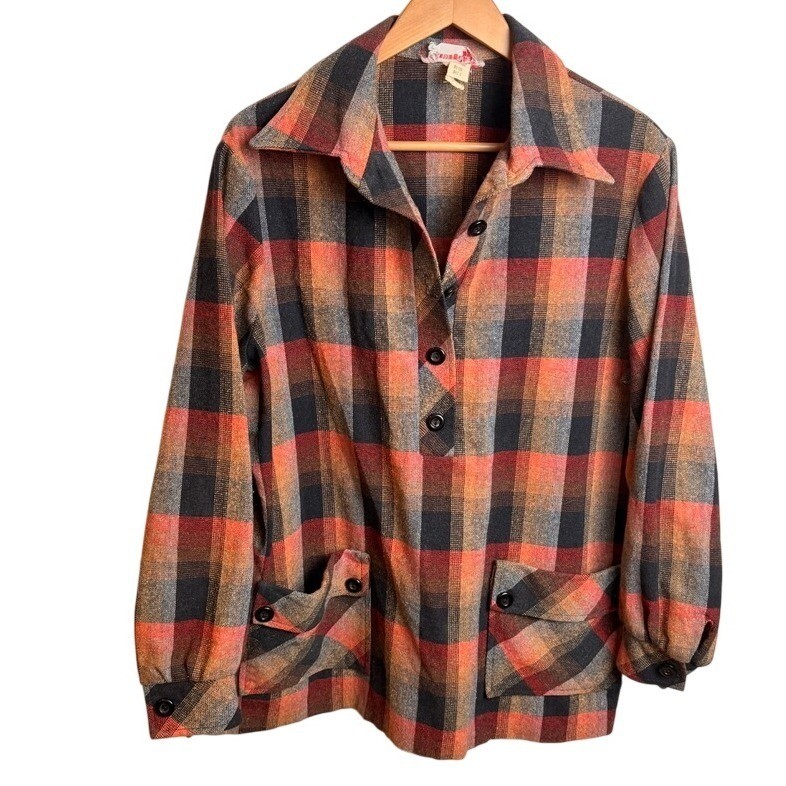 Vintage Womens Plaid Shacket M Pullover Orange Black Flannel Retro 70s 80s Cabin