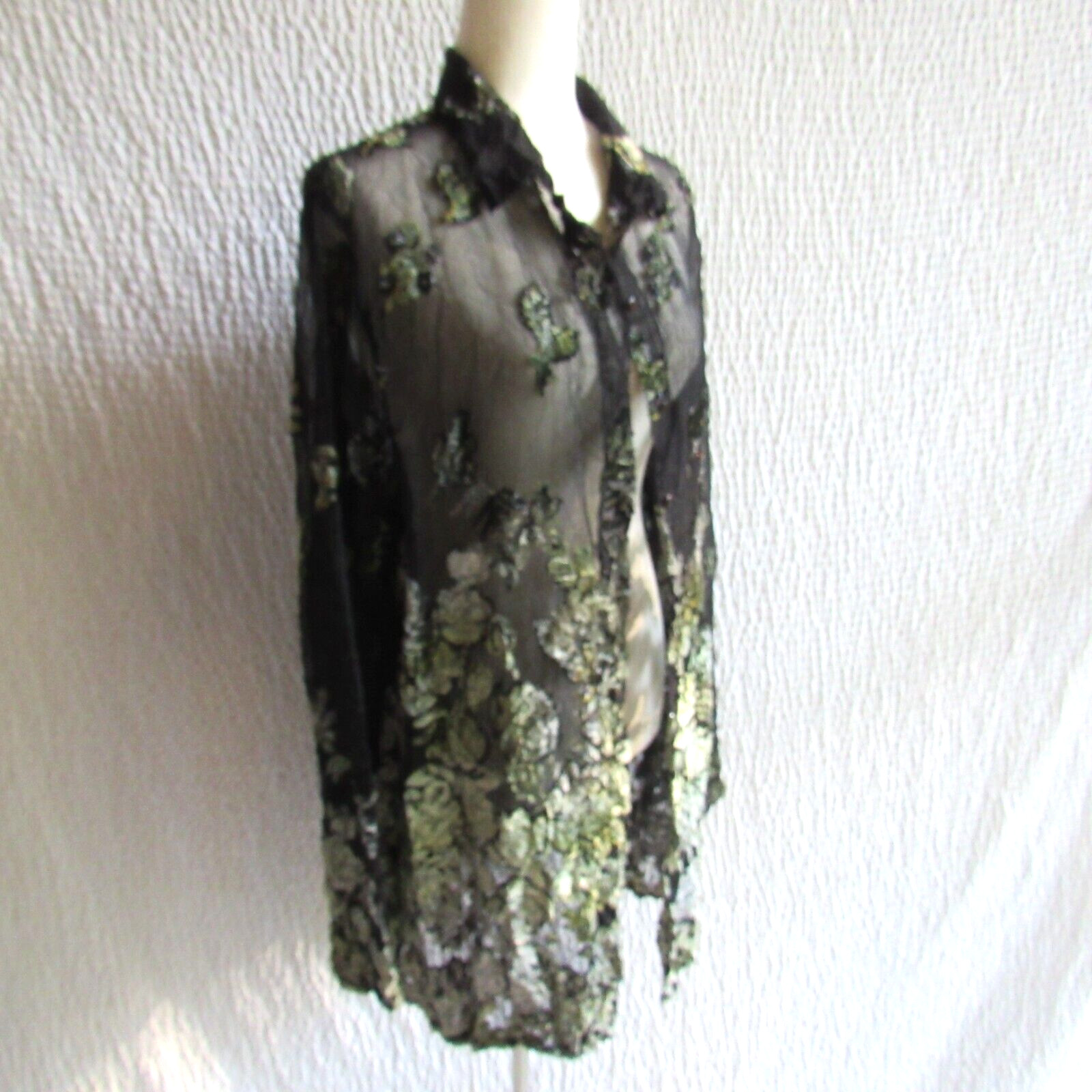 Evening Shirt Cardigan Wrap Green Velvet 3D Metallic Embossed Top XL Vtg Jacket