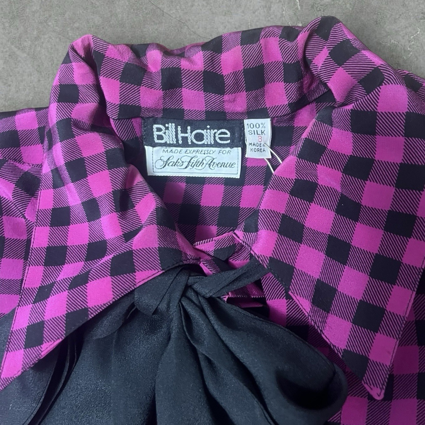 Vintage 70s Hot Pink Black Plaid Gingham 100% Silk Sz 8 Saks Fifth Avenue Blouse