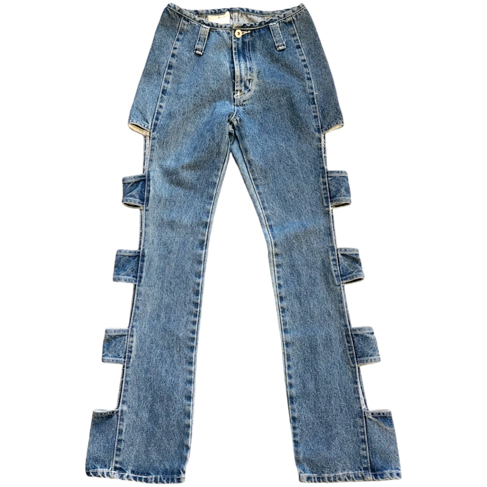 Vintage 1990s Windowpane Cut-Out High Waist Jeans With Side Tabs Size 26 x 30