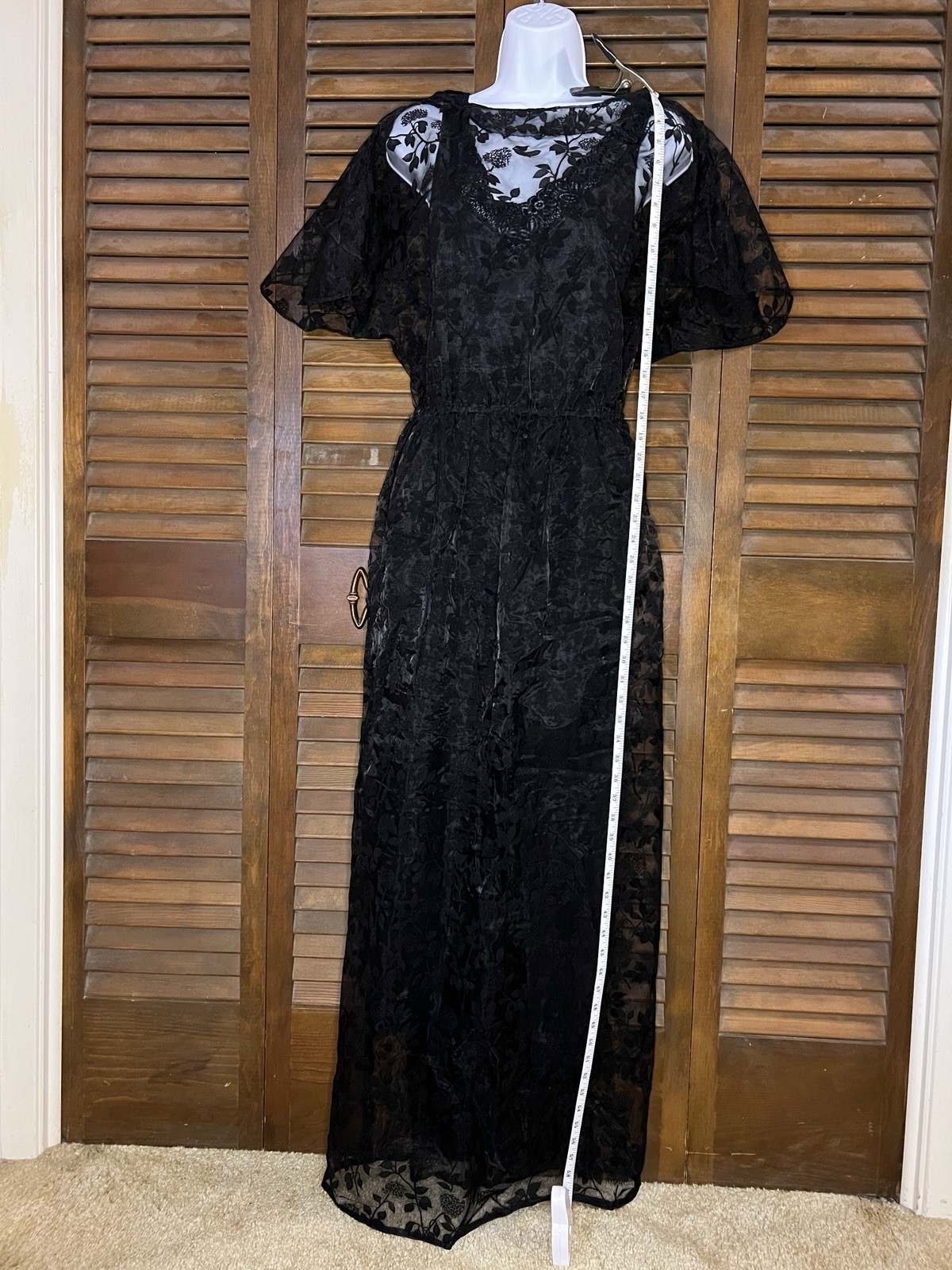 70’s Vintage Handmade Black Flocked Lace Sheer Cover-up Dress Fluted Sleeves