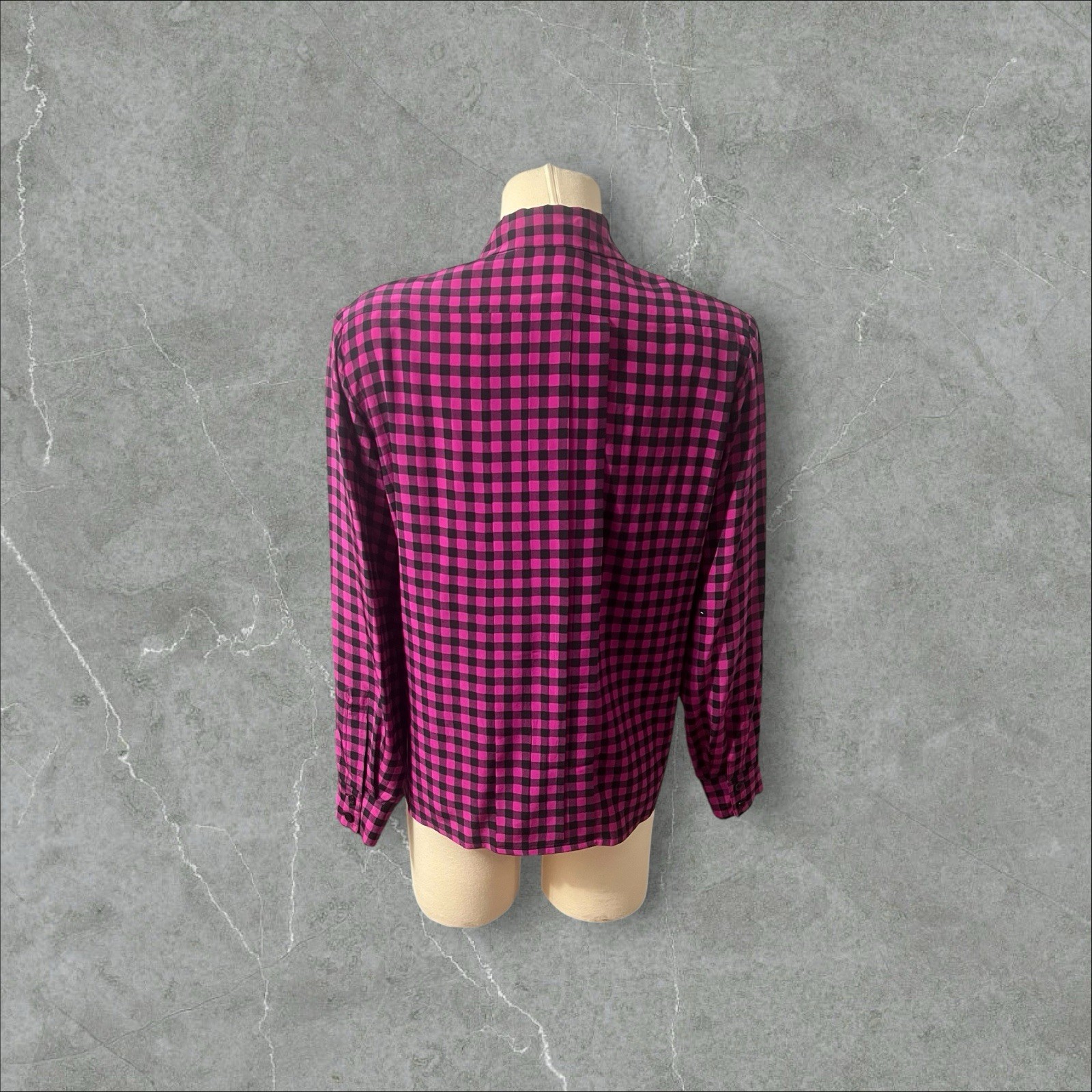 Vintage 70s Hot Pink Black Plaid Gingham 100% Silk Sz 8 Saks Fifth Avenue Blouse