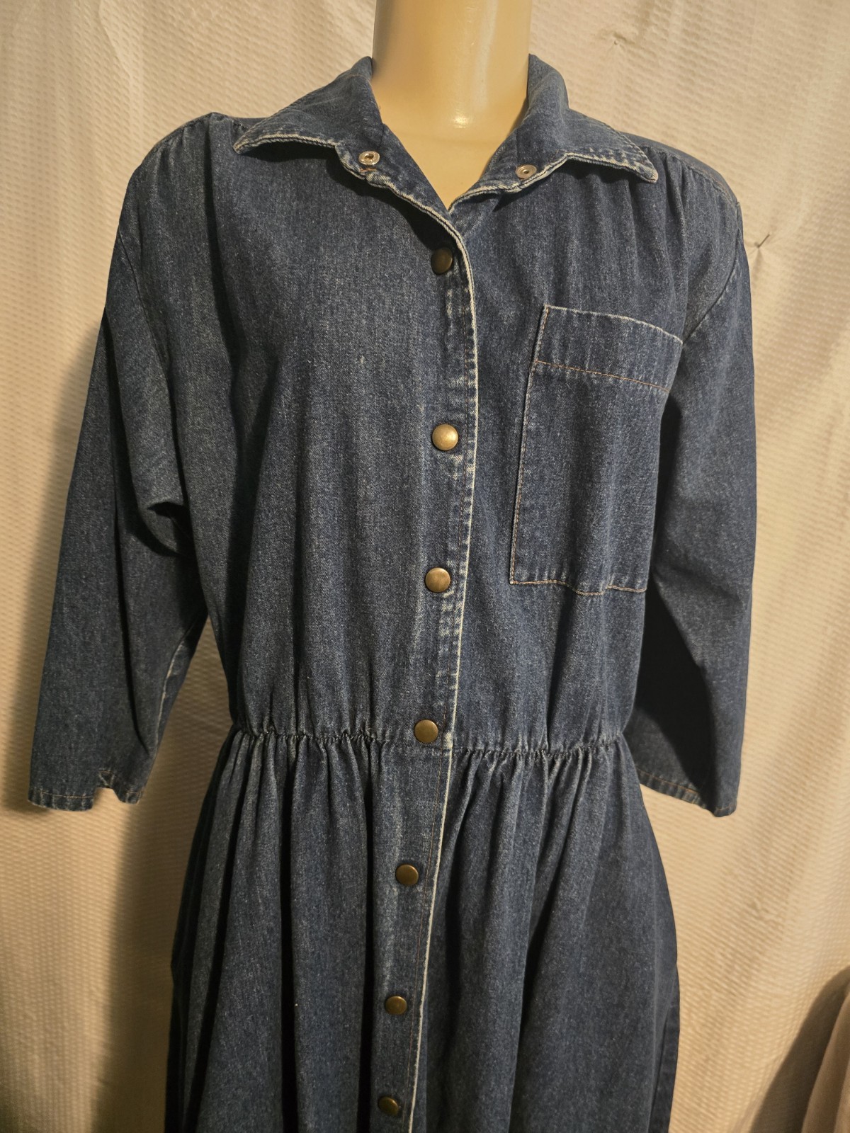 VTG 80s Long Denim Dress Western Style Snap Front 3/4 Sleeve Made USA Size M/L