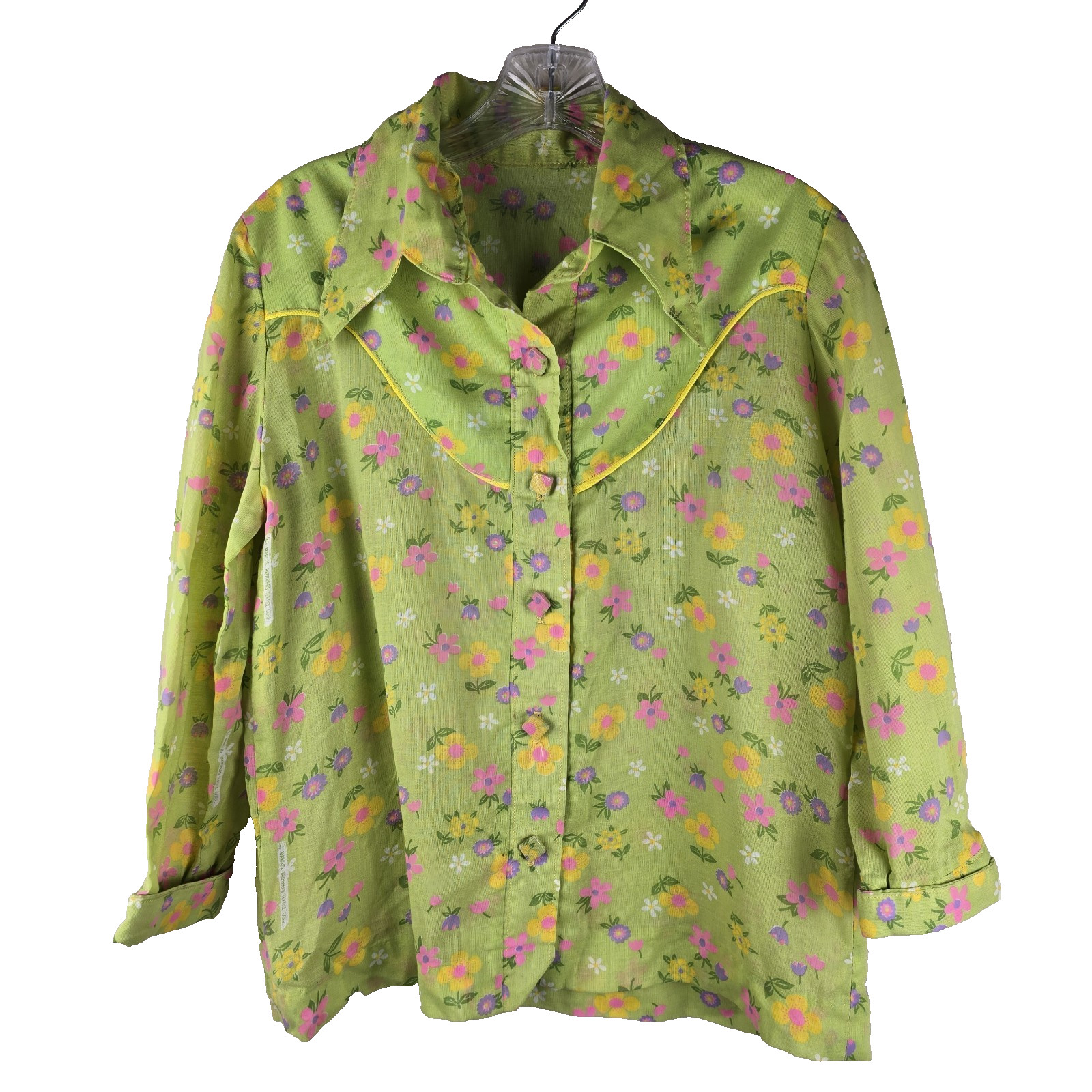 Vtg 1970s Flower Power Button Up Shirt Western Yoke Piping Green Pink Yellow