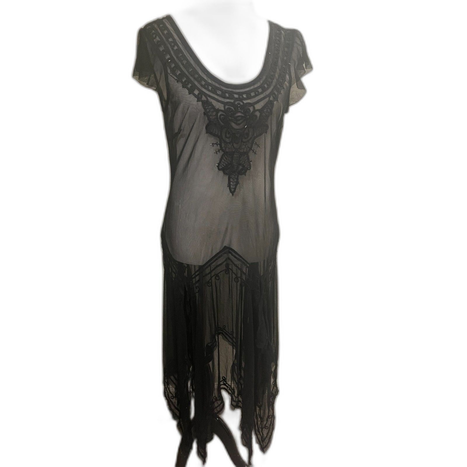 Antique 1920s Black Net Dress Hand Beaded & Sequins Flower Tiered Maxi vintage M