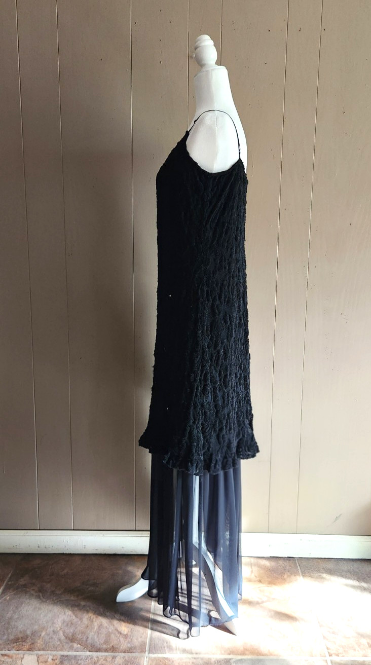 Vin: 80s Casadei Black Brocade Chiffon Rhinestone Evening Dress Beautiful Sz 18