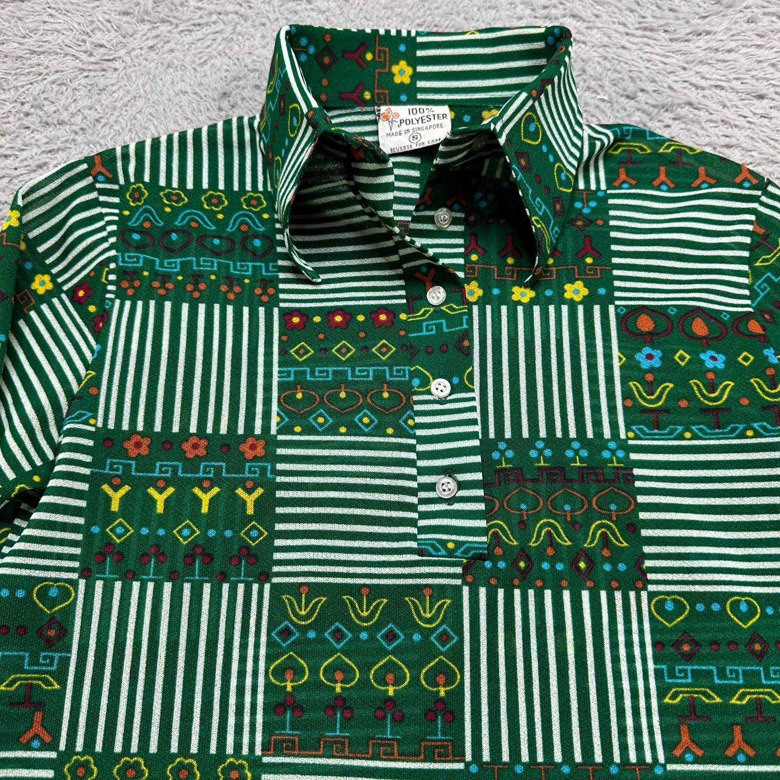 Vintage 70s Summer Shirt Womens S Green Flower Long Sleeve Disco Blouse