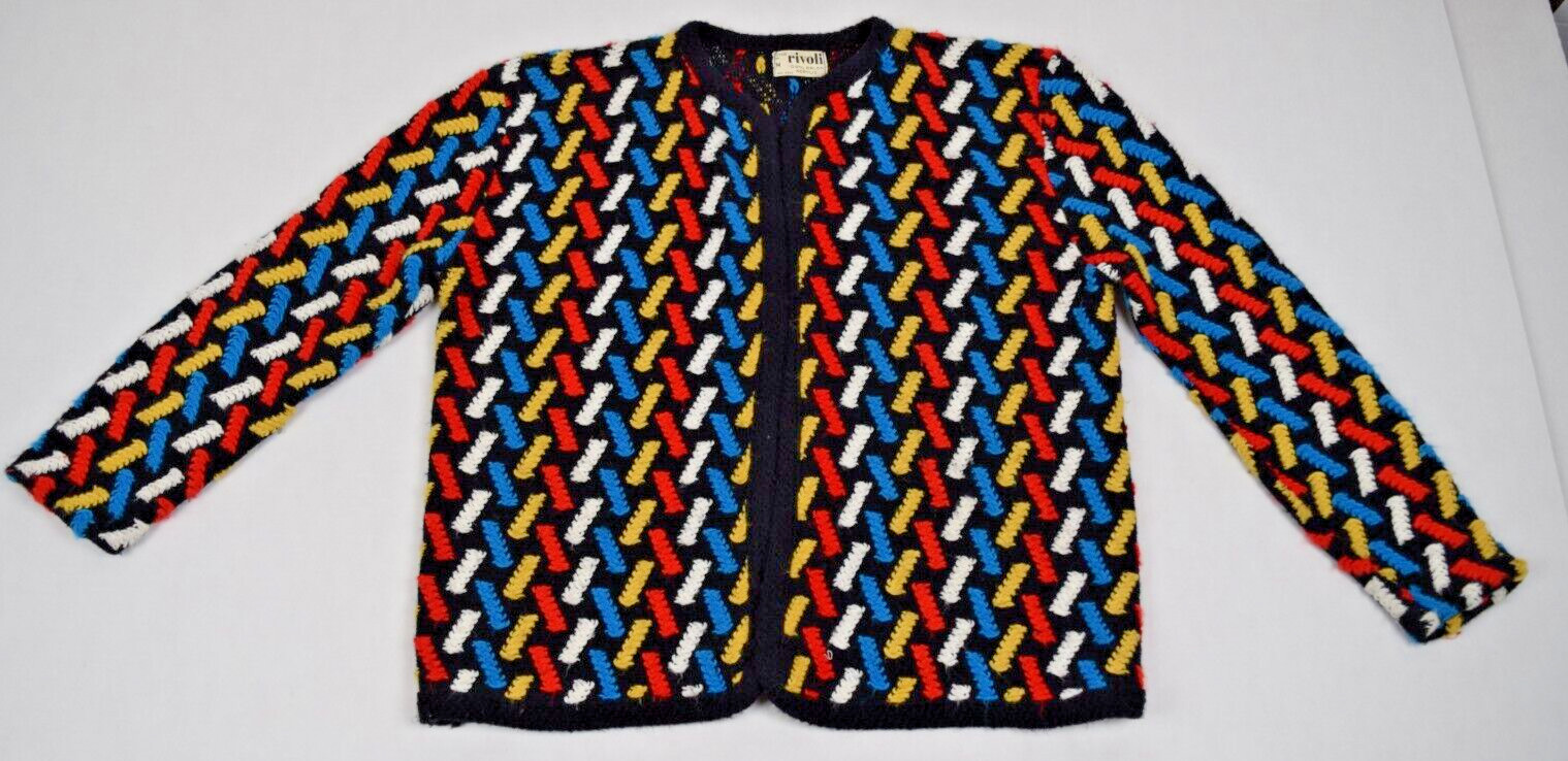 Vintage Knit Sweater Size S/M 60s Rivoli Black Red Blue Yellow White Diagonald