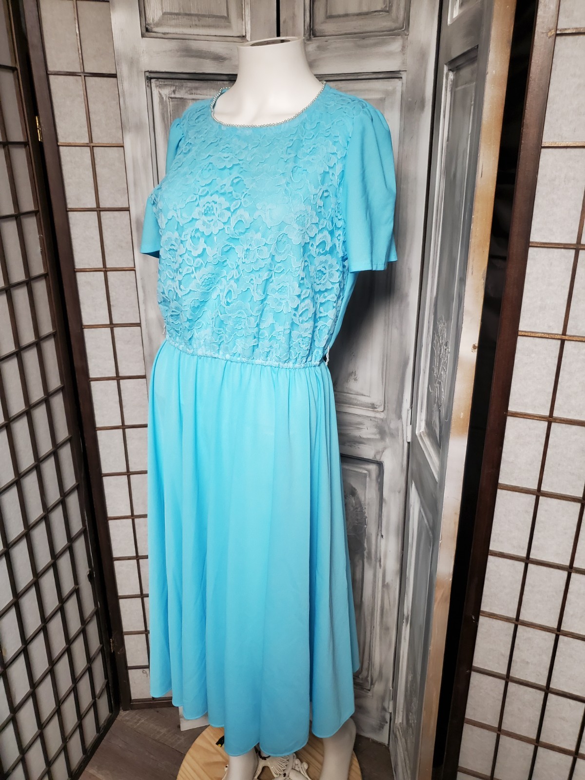 VTG 80s Boston Maid Peplum Dress Retro M Secretary 2 Pc Jacket Lace Faux Pearls