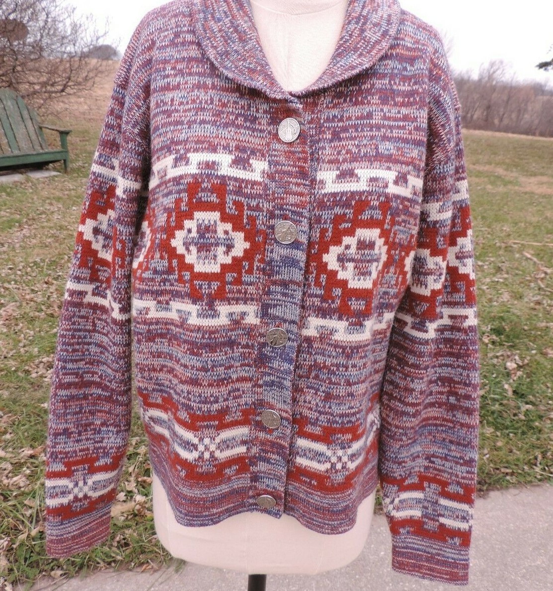 Western Southwest Cardigan Sweater Knit Southwest Pattern in Rust Cream Navy