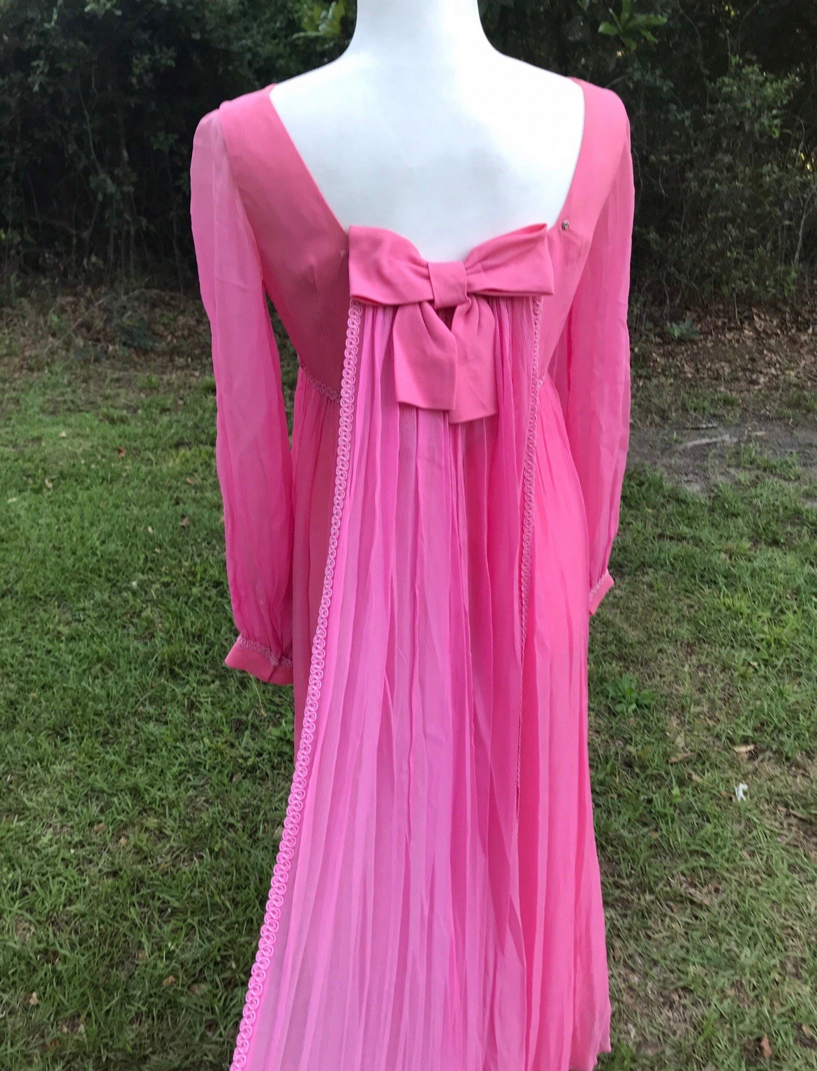 VTG Pink Gown by Lorrie Deb Sheer Sleeves. Empire Waist, Low Back w Bow Train