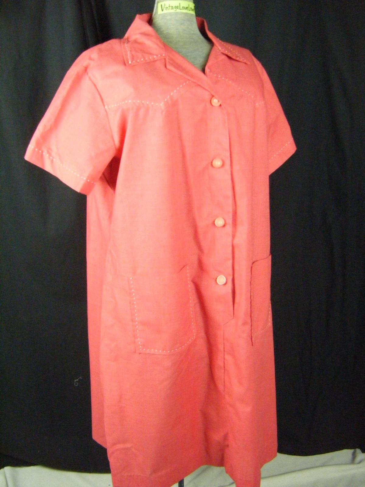 TOP MADE Vtg 70-80s Red White Stitches 60s Style Shirt Dress-Bust 49/L-XL