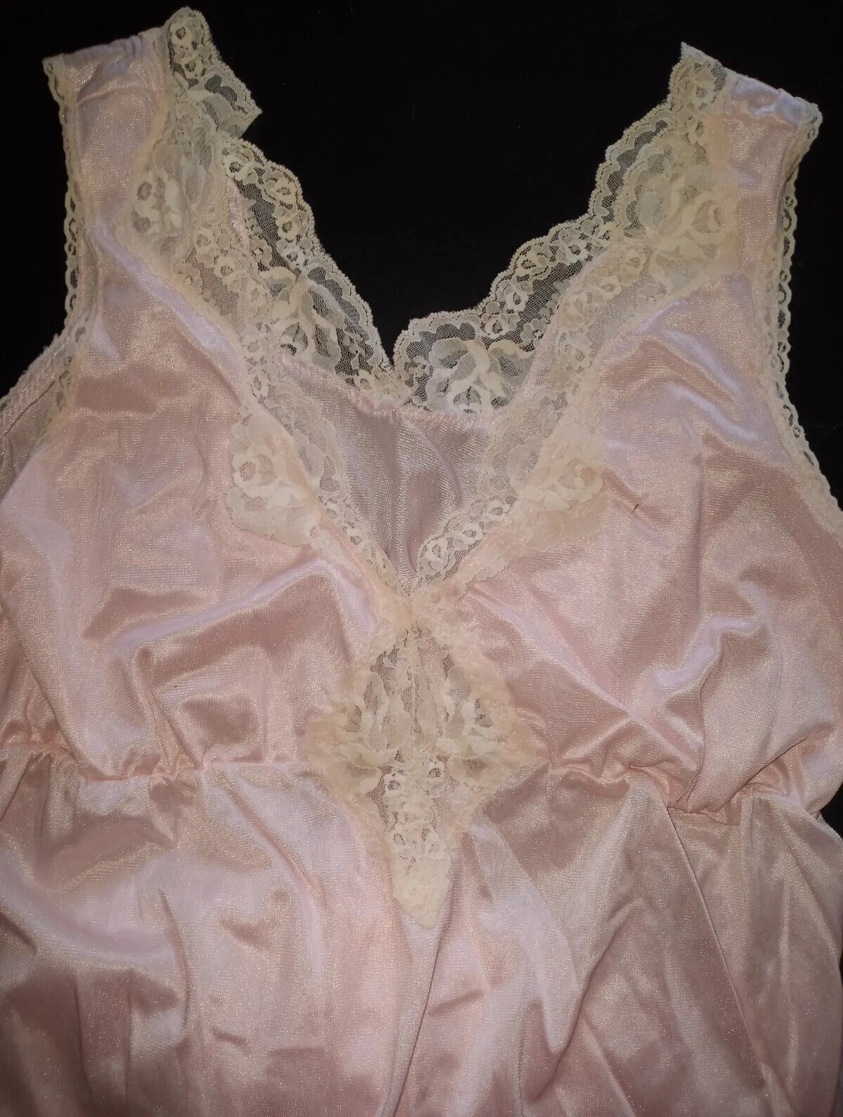 2 Vintage FANCY ME Sz S Pink Nylon Sheer Cream Lace Long Nightgown Slip Dress