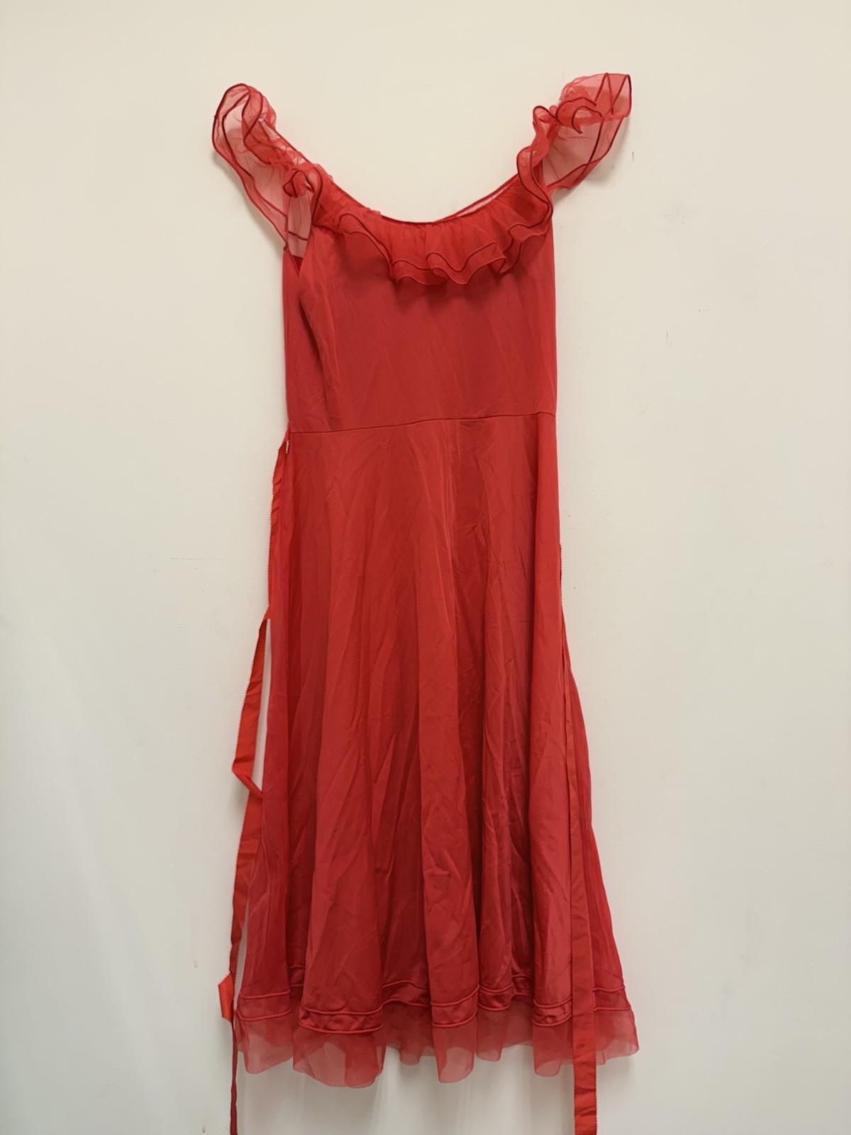 Vtg Vanity Fair Night Gown Chiffon Red Maxi Swing S/M Full Length Ruffled Pinup