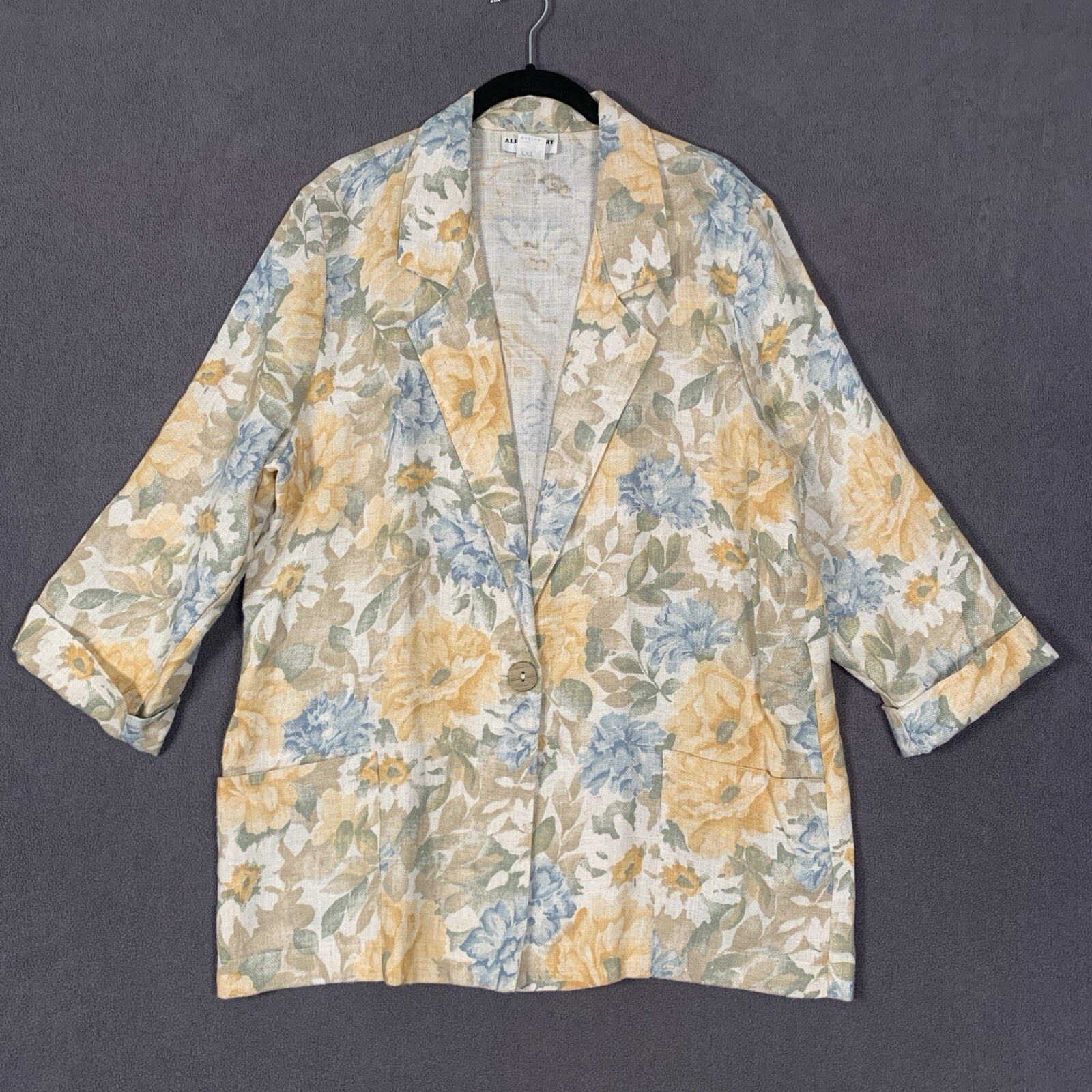 Vintage Alice Stuart Blazer M Beige Cottagecore Jacket Rayon Flax Blnd USA