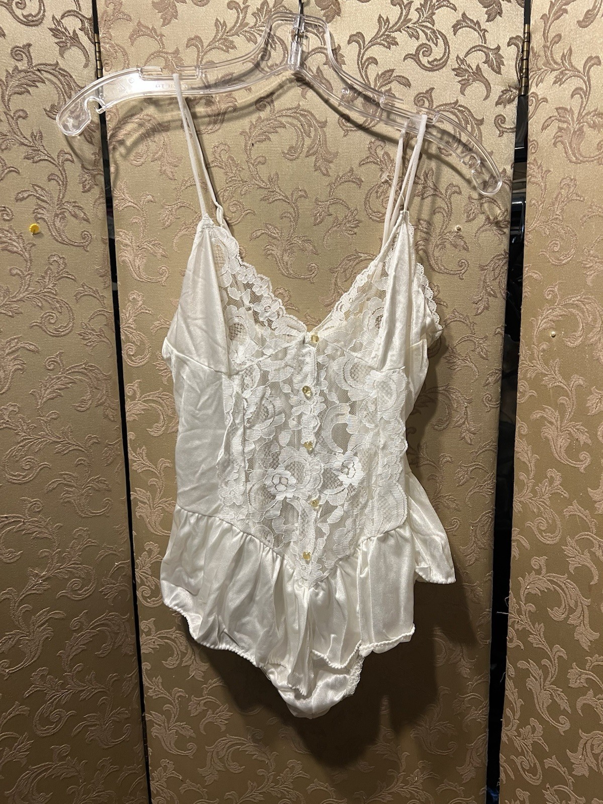 Vintage Off White Peplum Lace Teddy Bodysuit Size Medium M
