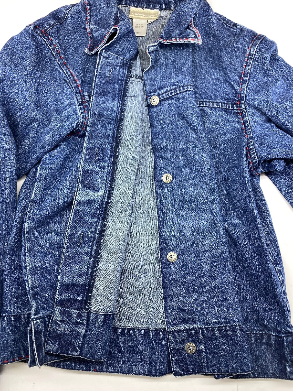 Coldwatercreek Woman’s Fancy Denim Jacket Size L – Vintage – Red Trim Stitches