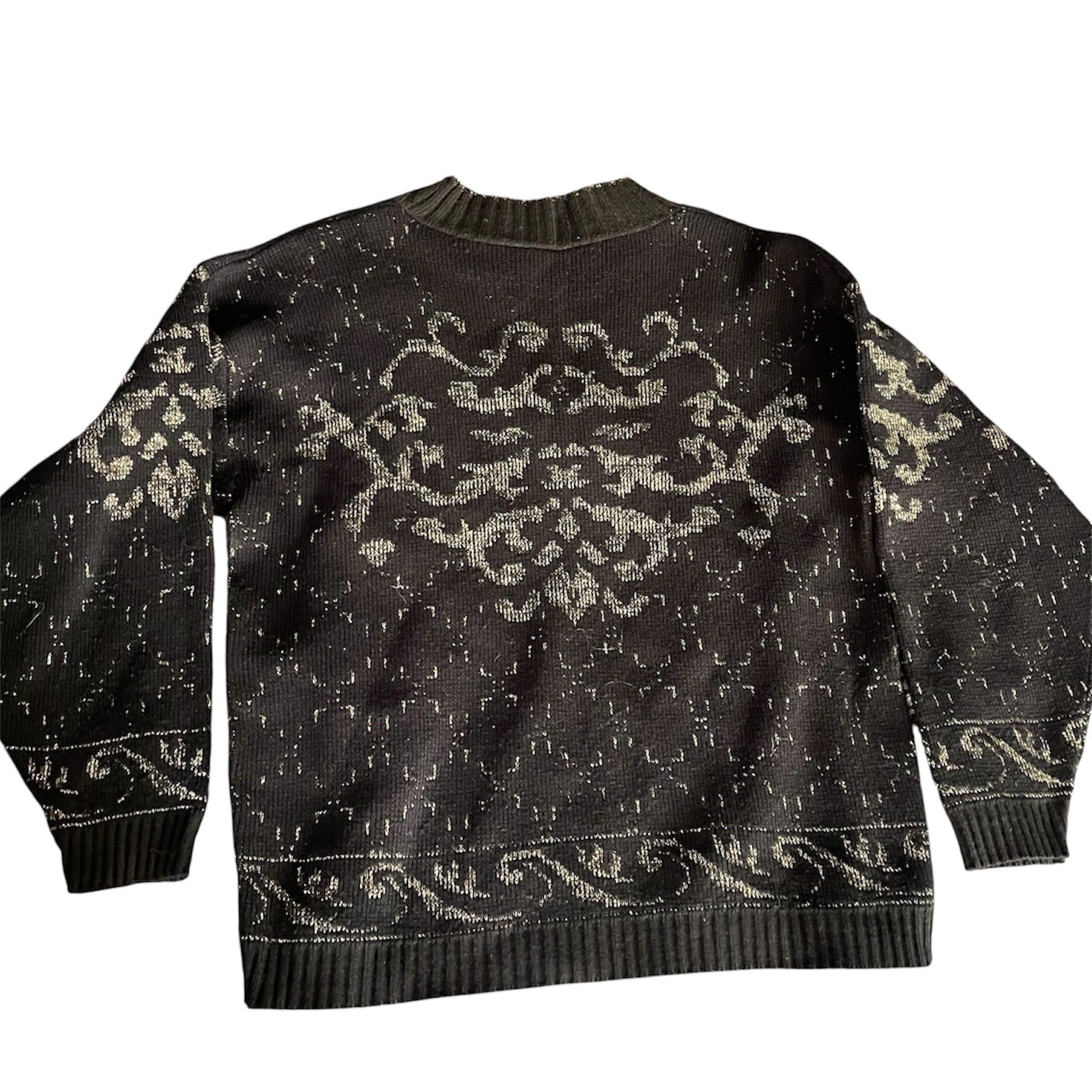 Vintage Black Gold Metallic Lurex Scroll Pattern Mock Neck Sweater Made in USA
