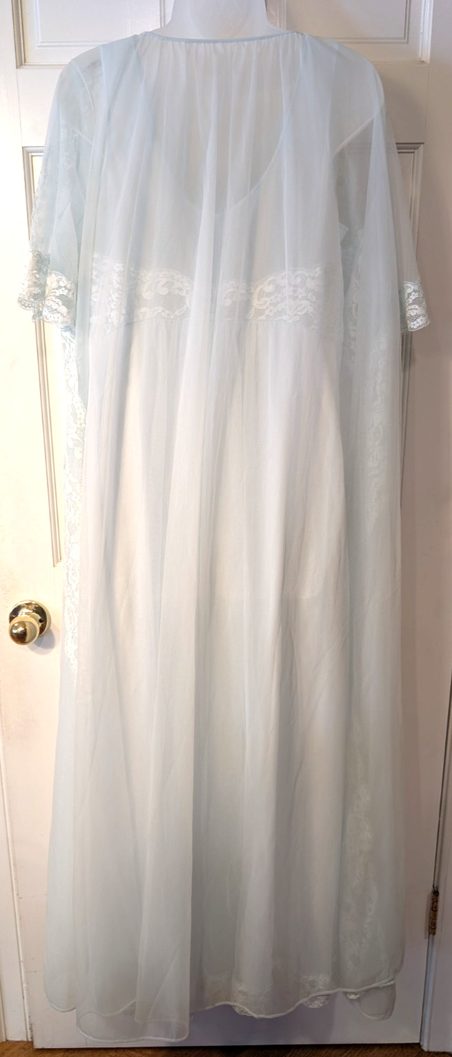 Vintage Shadowline Peignoir Nightgown Robe Set Women’s Lt Blue Chiffon Long