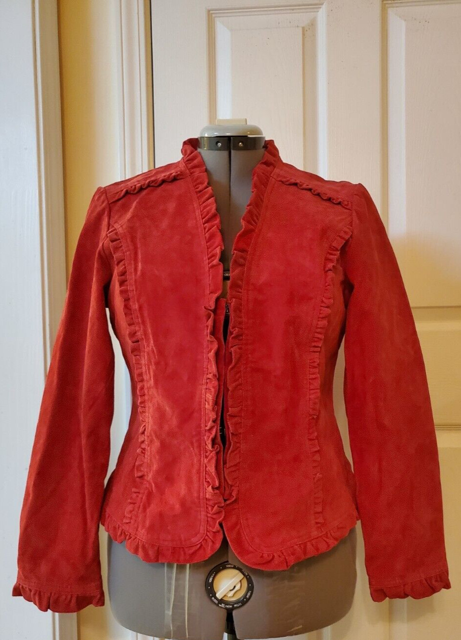 Vintage Prosper & Devine Red 100% Leather Jacket Ruffles Hooks & Eye Large