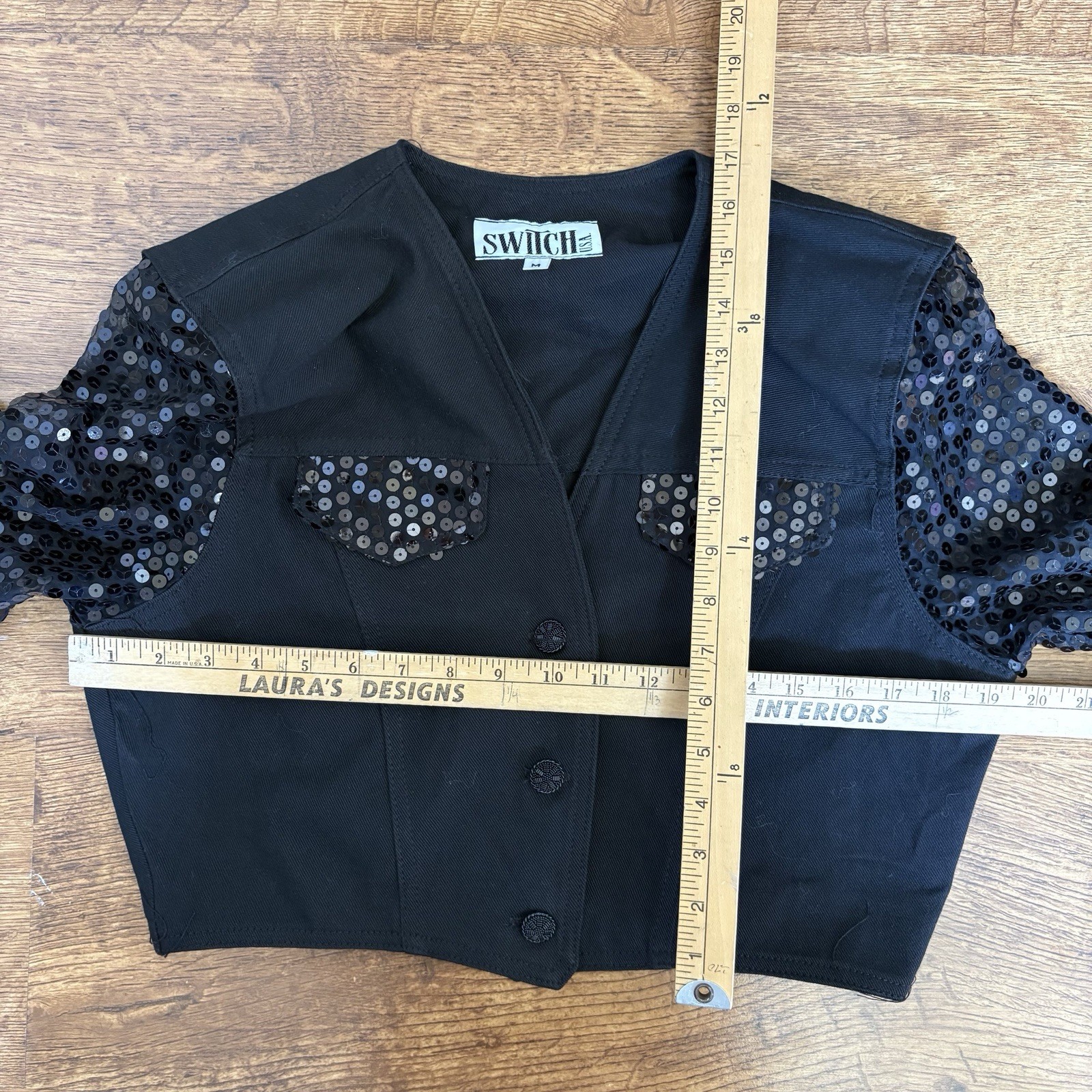 Vintage 80s Black Sequin Embellished Cropped Bolero Jacket Brand Switch Medium