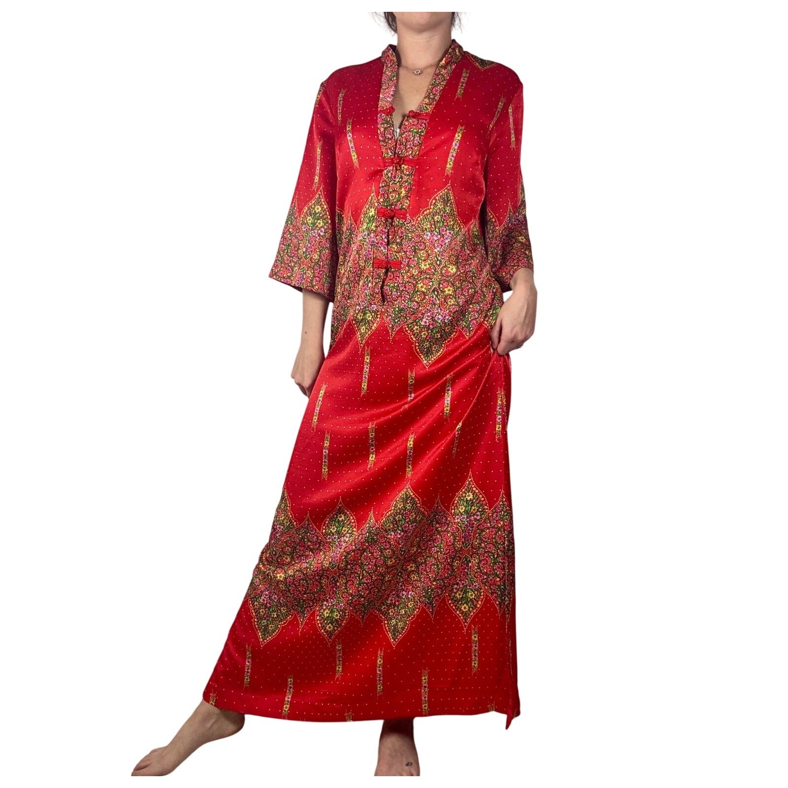 Vintage 70s Tori Richard Silk Caftan Red Paisley Floral Maxi Dress Frog Closure