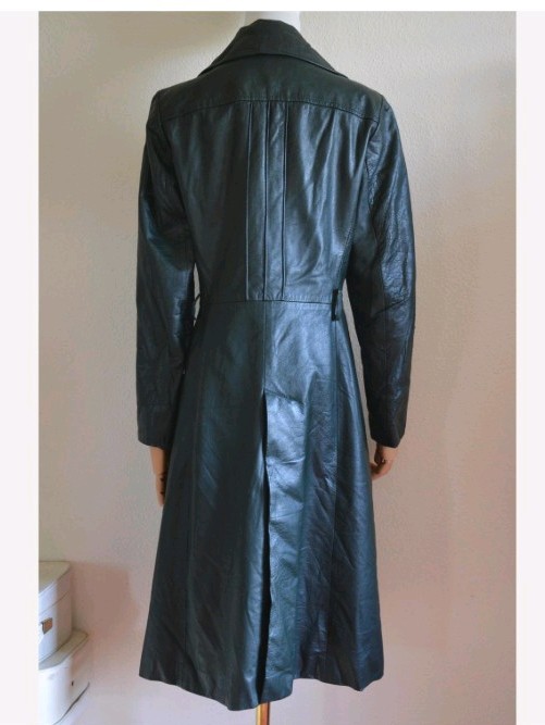 Vintage 1970s forest green Leather Trench Coat dark green 70s boho long retro S