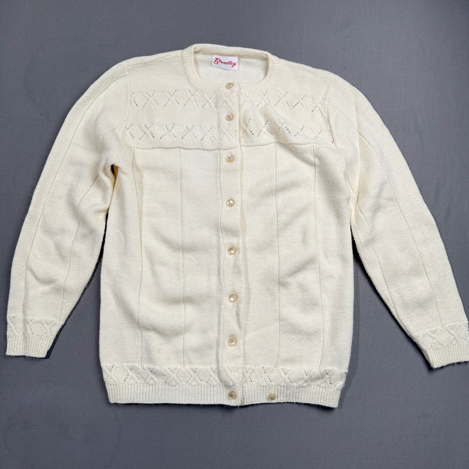 Vintage Bradley Cardigan Small Cream Button Front Knit Sweater