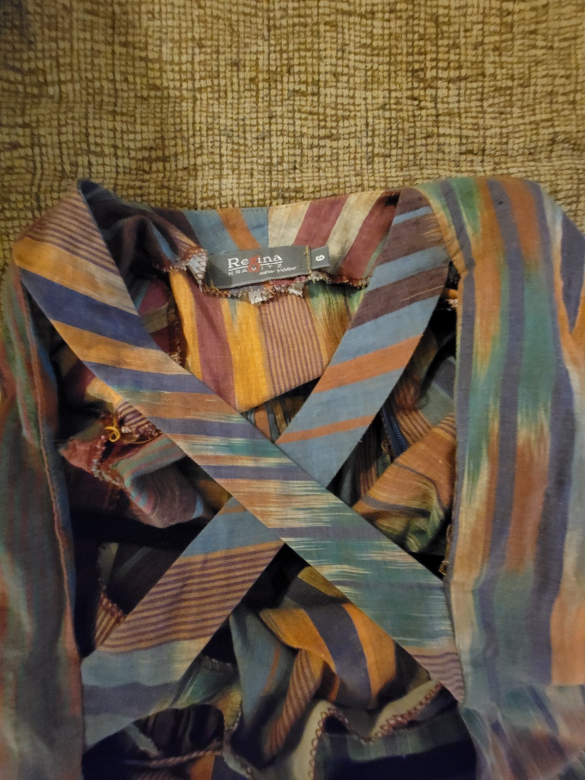 Vintage Regina Kravitz Dress Womens 6 Boho Artsy Abstract Stripe Open Back Midi