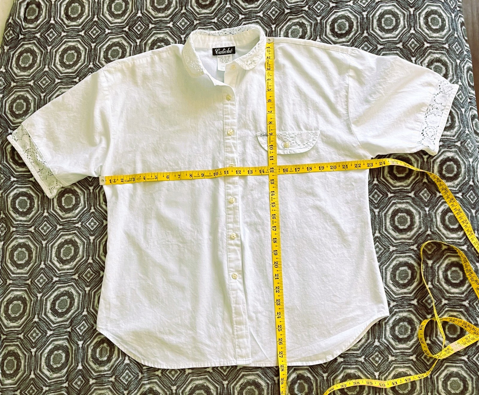 Vintage 80s 90s Caliche Short Sleeve White Blouse Lace Collar Detail Size L