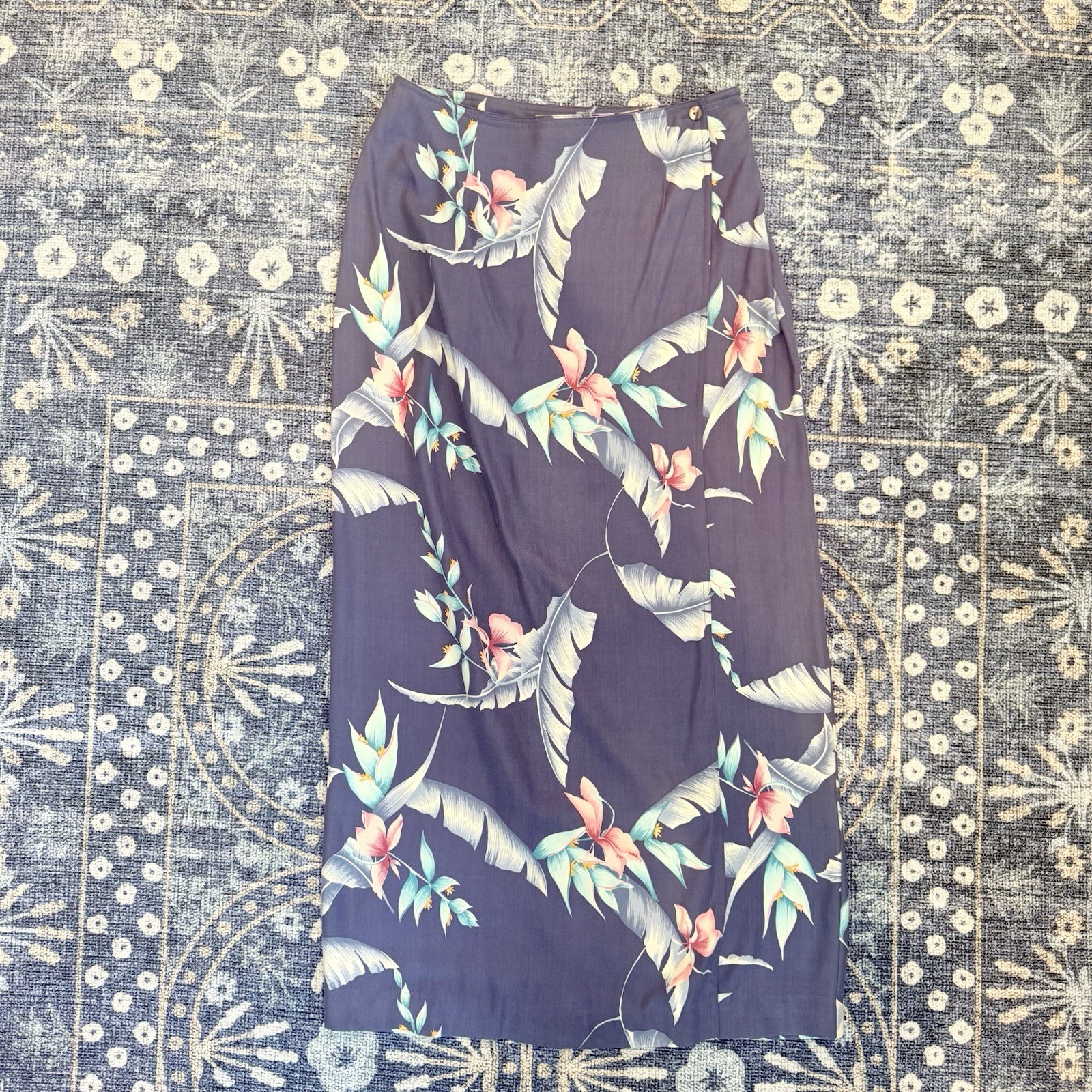 Vntg Tommy Bahama Silk Tropical Blue Hibiscus Wrap Maxi Skirt Sz 10 Sarong Lined